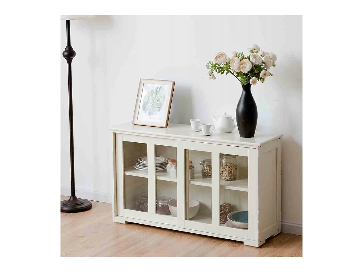 Buffet de Cuisine Armoire  Basse de Salle à Manger 2 Etagères 2 Portes Transparentes en MDF, 106,5x33x62,5cm, Beige