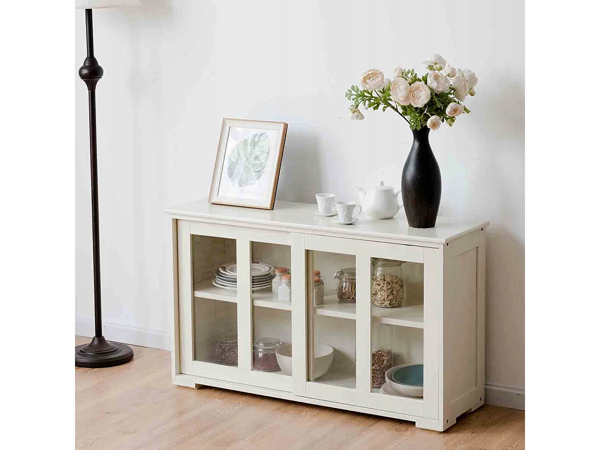 Sideboard Küchenschrank Wohnzimmerregel mit Schiebetüren Cremeweiß 106,5 x 33 x 62,5 cm