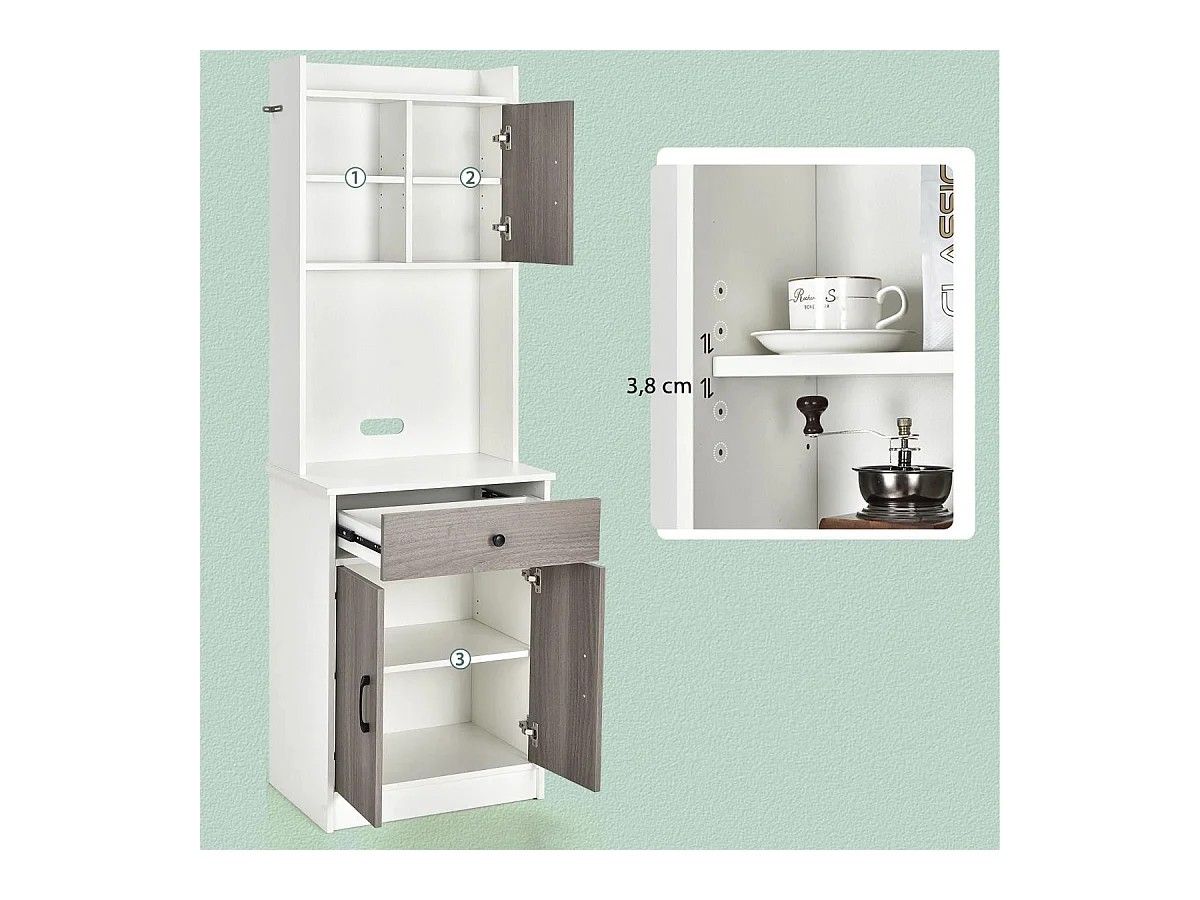 Mobile da cucina con 3 ante e ripiani regolabili, Credenza con ampio spazio aperto per microonde Bianco