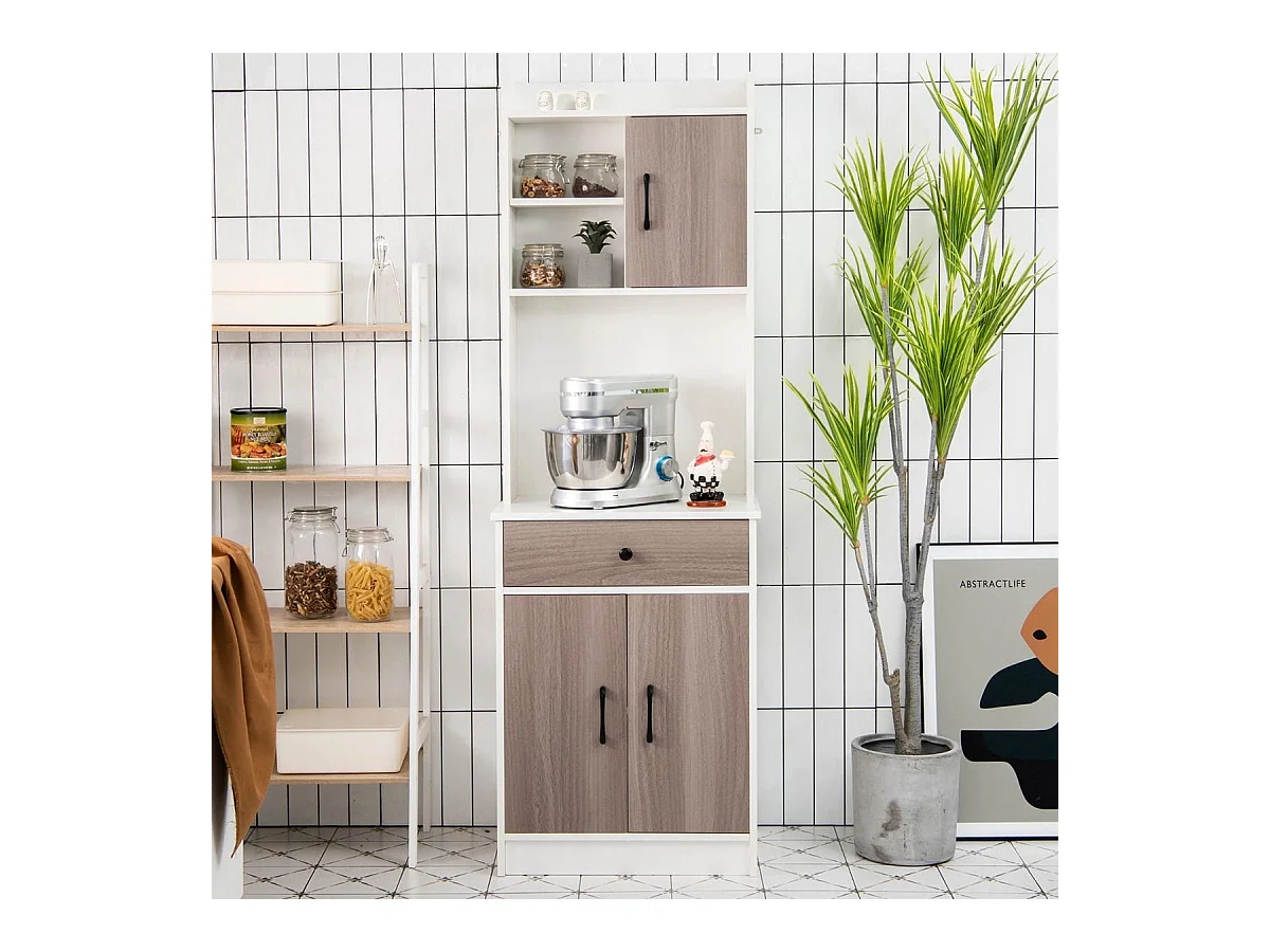 Mobile da cucina con 3 ante e ripiani regolabili, Credenza con ampio spazio aperto per microonde Bianco