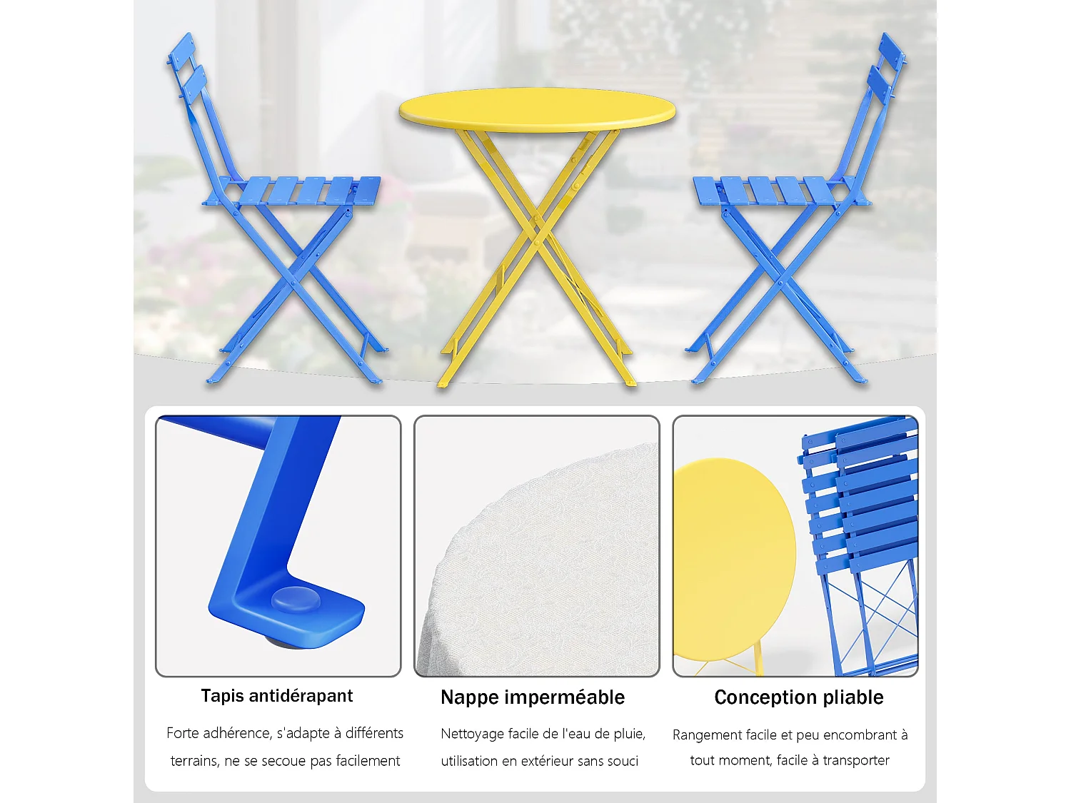 Lot de 3 Meubles de Jardin de Balcon, Table et chaises Pliable, Bistrot Bar Salon de Jardin Exterieur 2 Personnes