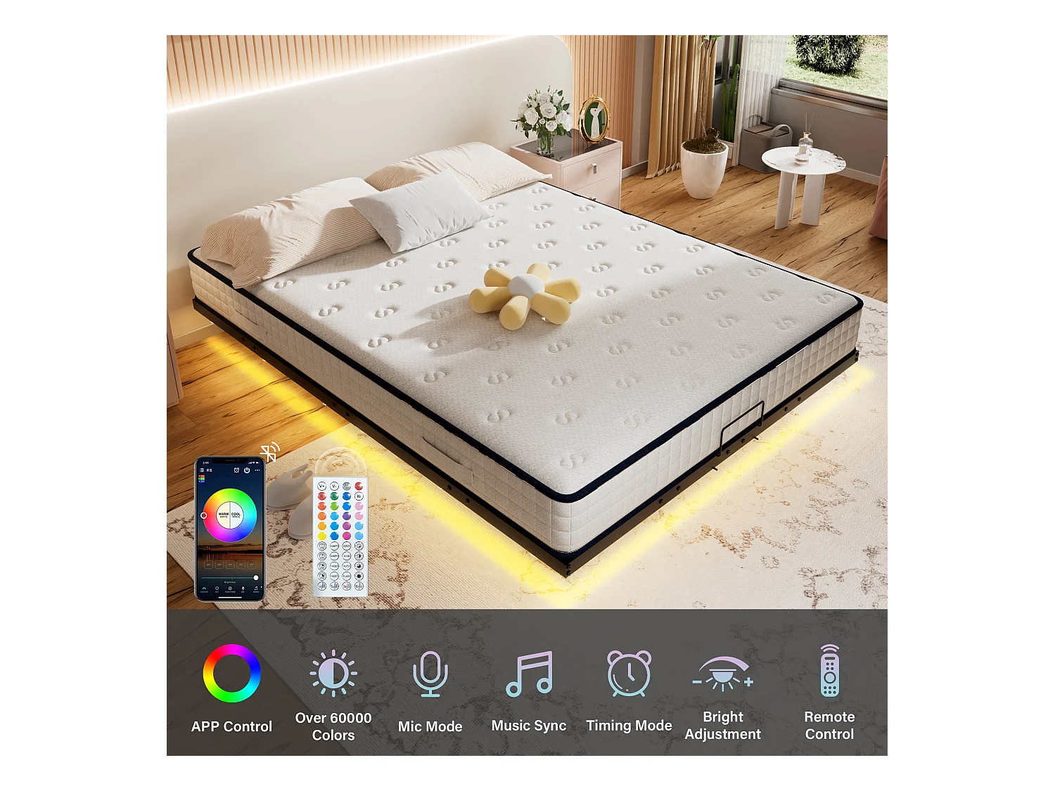 Ensemble 140x190 cm Cadre de lit LED en métal + Matelas Ressorts,ép.30cm