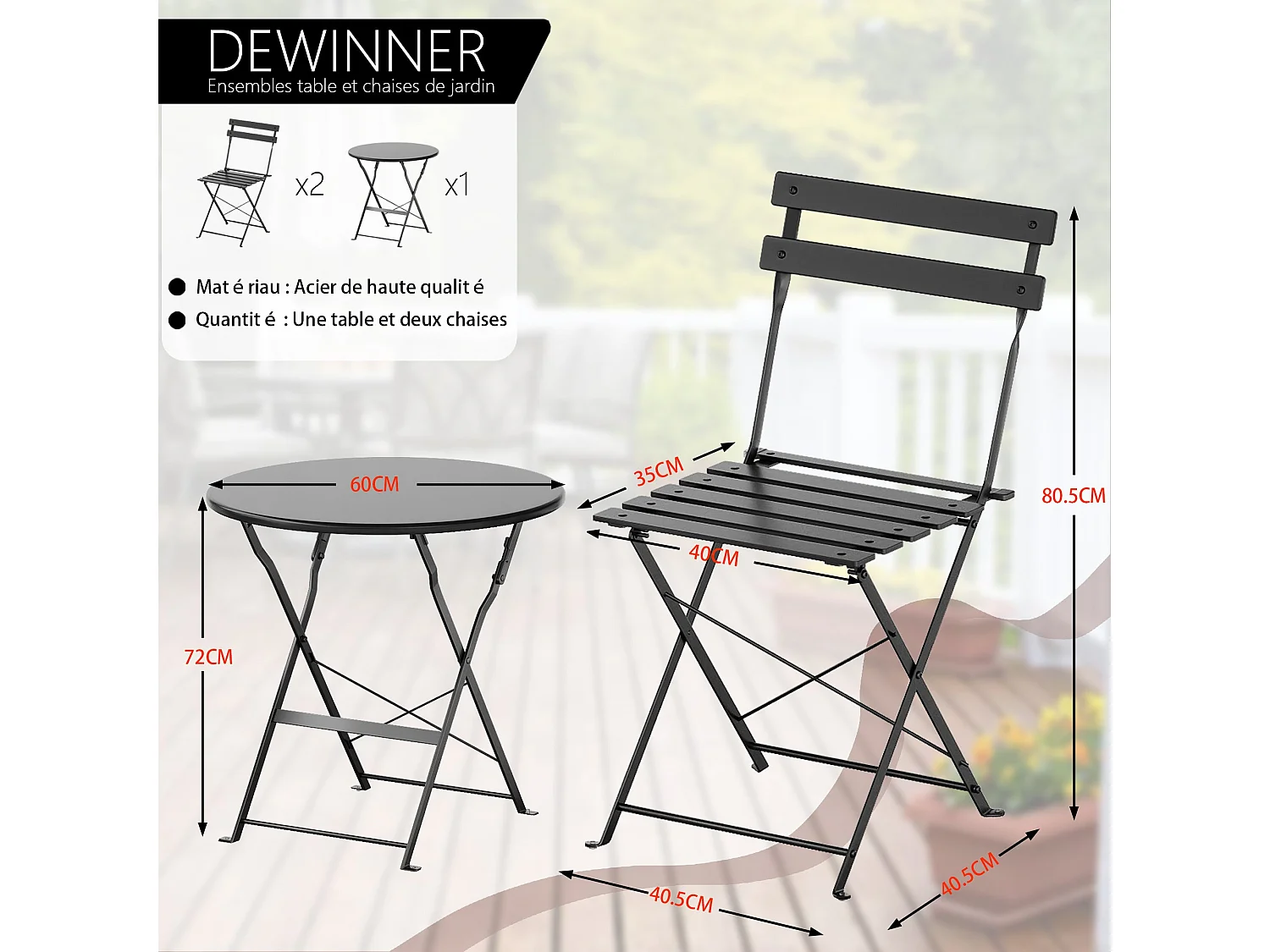 Lot de 3 Meubles de Jardin de Balcon, Bistrot Bar Salon de Jardin Exterieur 2 Personnes