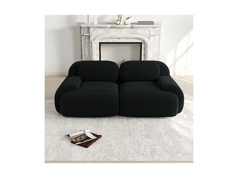 Modulares Sofaset aus Rippsamt: 2-Sitzer Sofa - mit 2 Kissen - 208x103x75cm - Schwarz