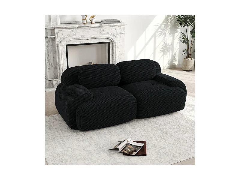 Canapé 2 places modulable en Velours côtelé - avec 2 oreillers - 208x103x75cm - Noir