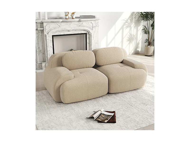 Canapé 2 places modulable en Velours côtelé - avec 2 oreillers - 208x103x75cm - Beige