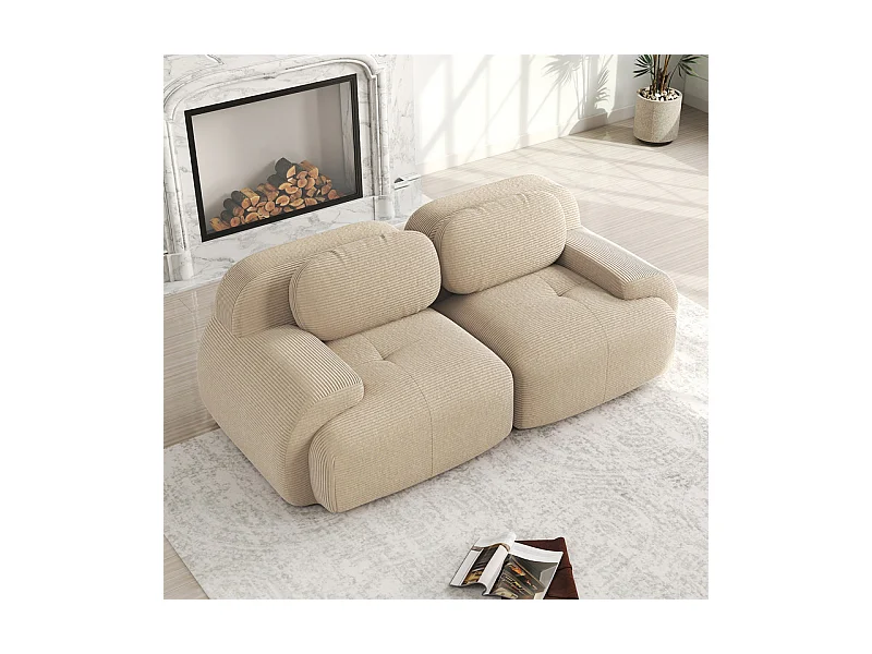 Canapé 2 places modulable en Velours côtelé - avec 2 oreillers - 208x103x75cm - Beige