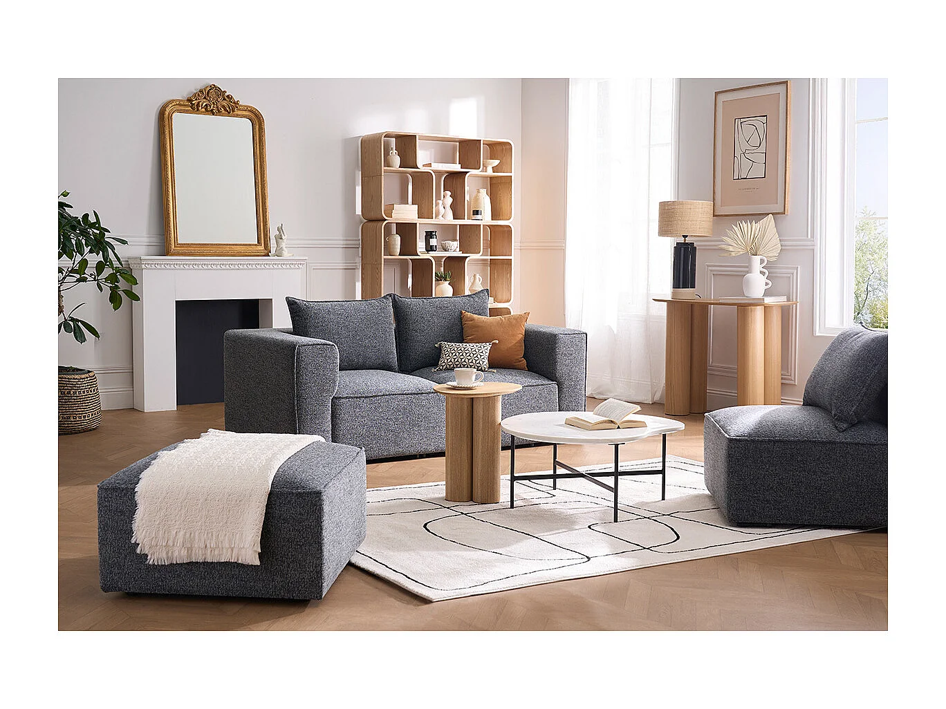 Pouf repose pieds en tissu chiné gris foncé KERRY