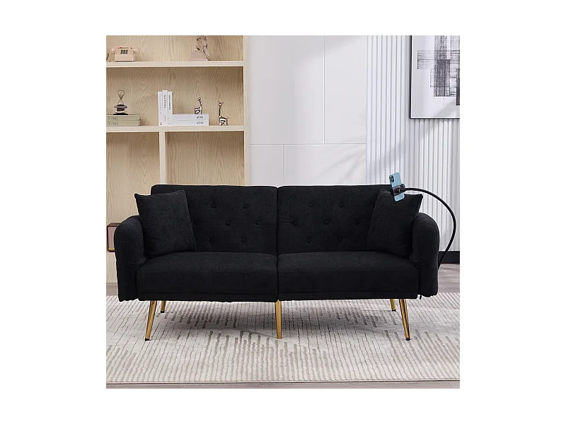 Sofá convertible negro de 2 plazas con 2 puertos USB, soporte para teléfono y bolsillos laterales 173x78X78cm