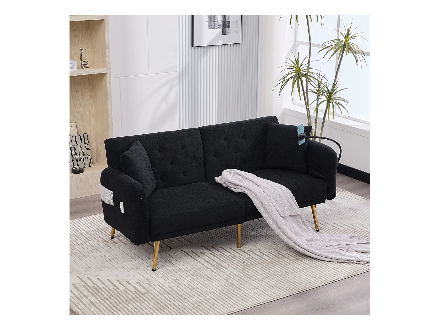 Divano trasformabile nero a 2 posti con 2 porte USB, porta telefono e tasche laterali 173x78X78cm