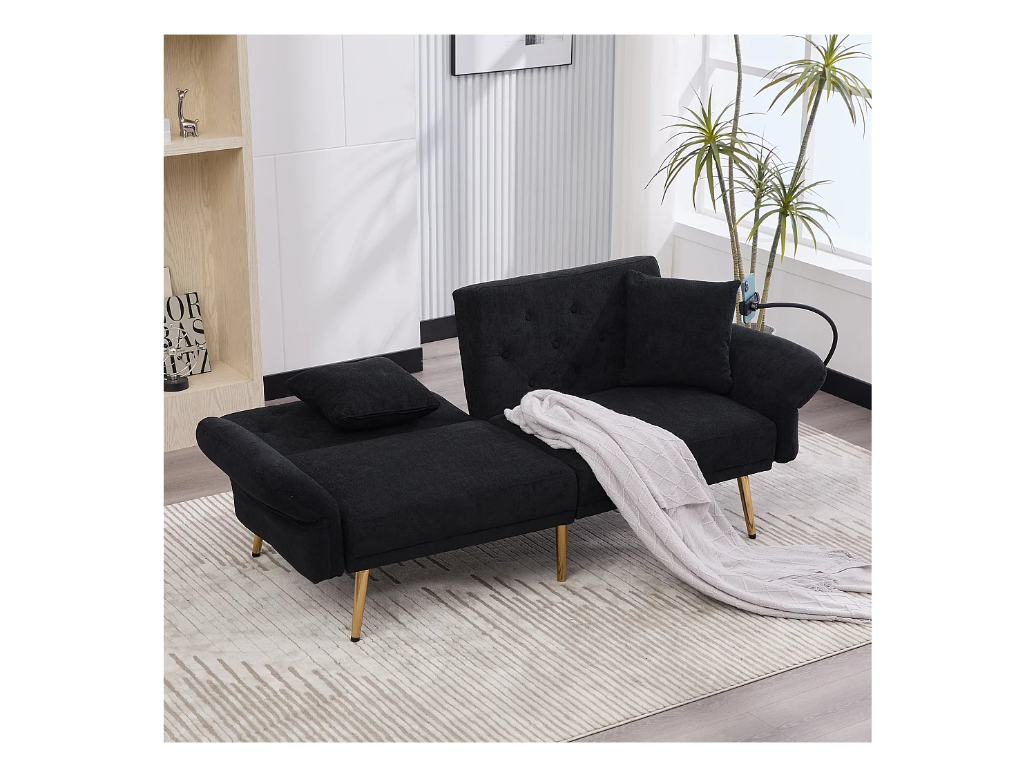 Divano trasformabile nero a 2 posti con 2 porte USB, porta telefono e tasche laterali 173x78X78cm