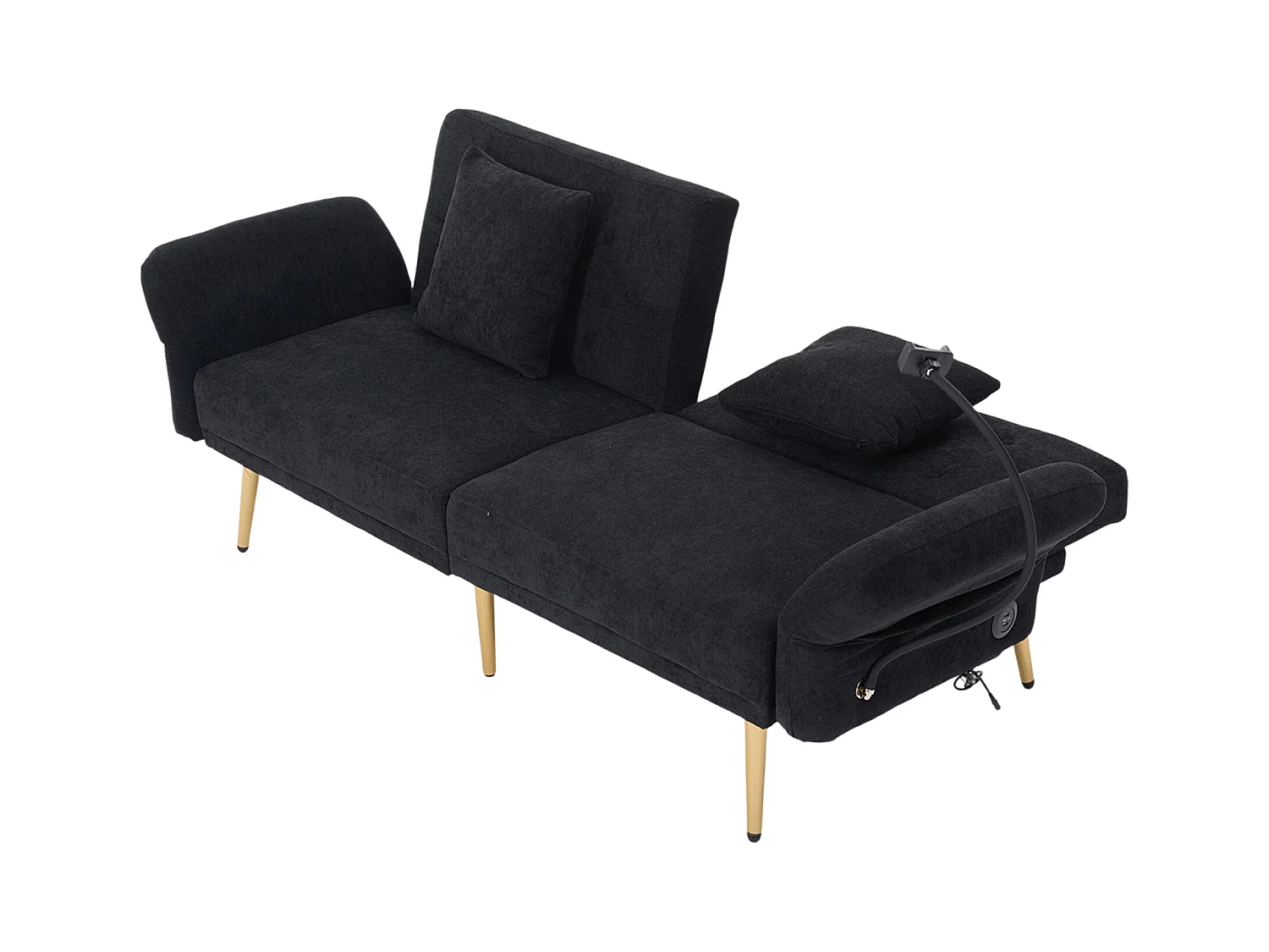 Divano trasformabile nero a 2 posti con 2 porte USB, porta telefono e tasche laterali 173x78X78cm