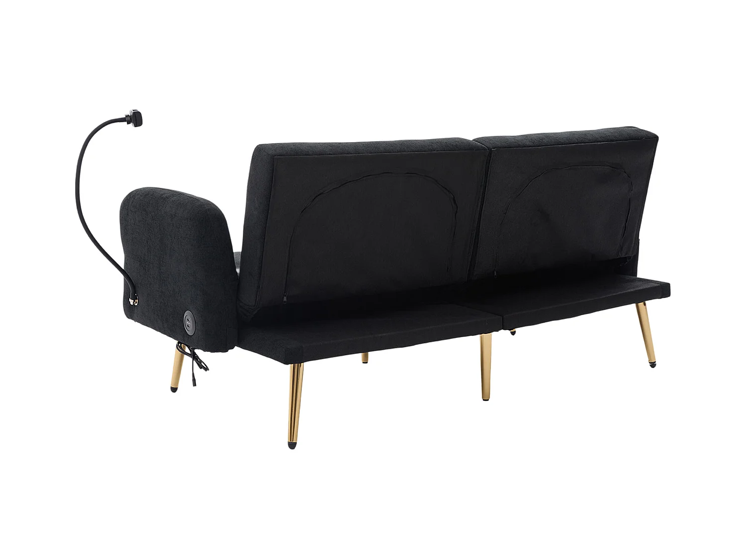 Divano trasformabile nero a 2 posti con 2 porte USB, porta telefono e tasche laterali 173x78X78cm