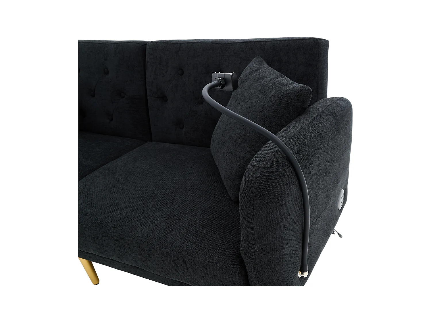 Divano trasformabile nero a 2 posti con 2 porte USB, porta telefono e tasche laterali 173x78X78cm