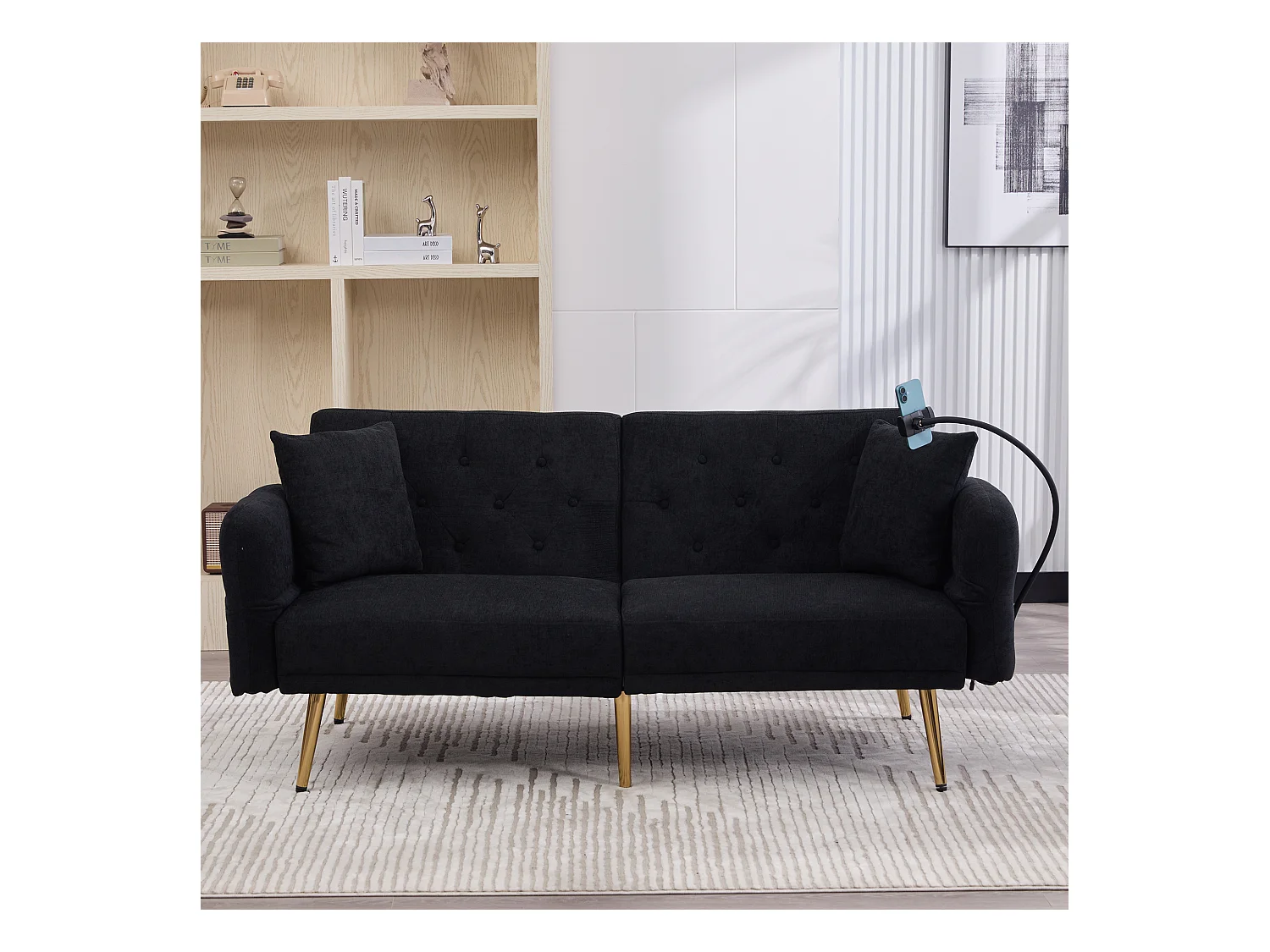 Canapé droit 2 places convertible noir avec 2 ports USB, support de téléphone et poches latérales 173x78X78cm