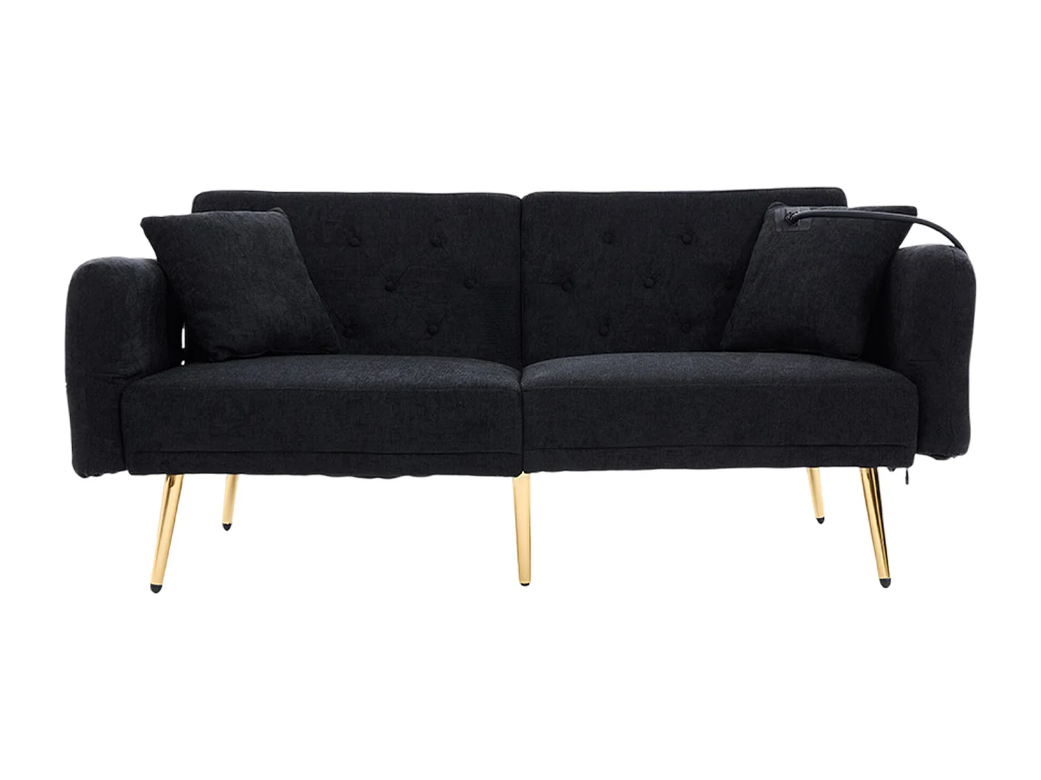 Sofá convertible negro de 2 plazas con 2 puertos USB, soporte para teléfono y bolsillos laterales 173x78X78cm