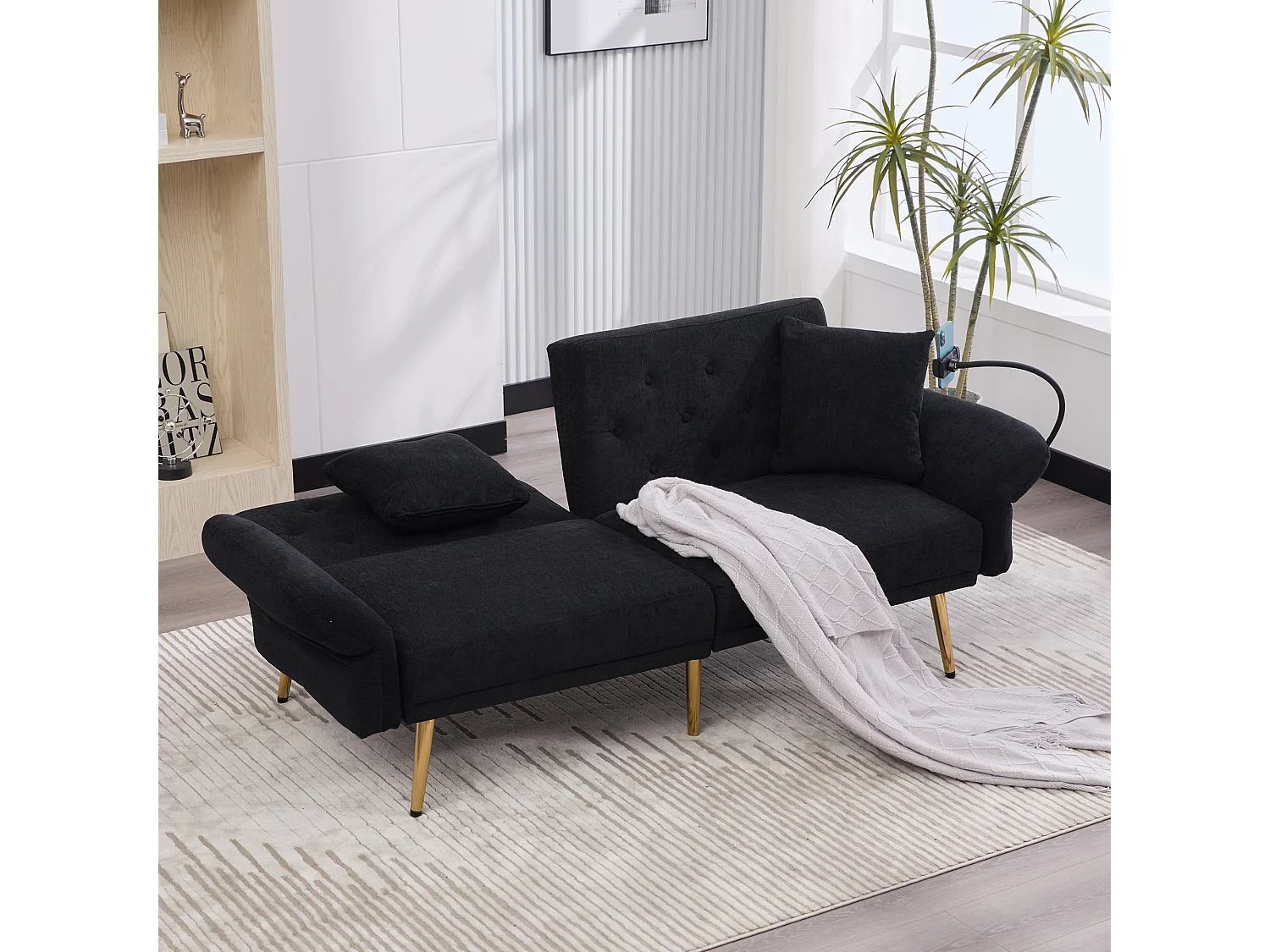 Sofá convertible negro de 2 plazas con 2 puertos USB, soporte para teléfono y bolsillos laterales 173x78X78cm