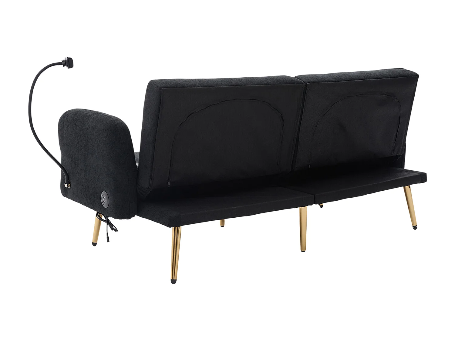 Sofá convertible negro de 2 plazas con 2 puertos USB, soporte para teléfono y bolsillos laterales 173x78X78cm
