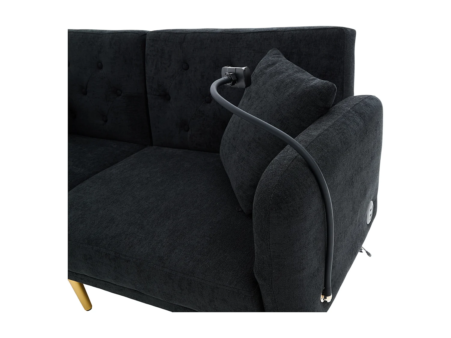 Sofá convertible negro de 2 plazas con 2 puertos USB, soporte para teléfono y bolsillos laterales 173x78X78cm