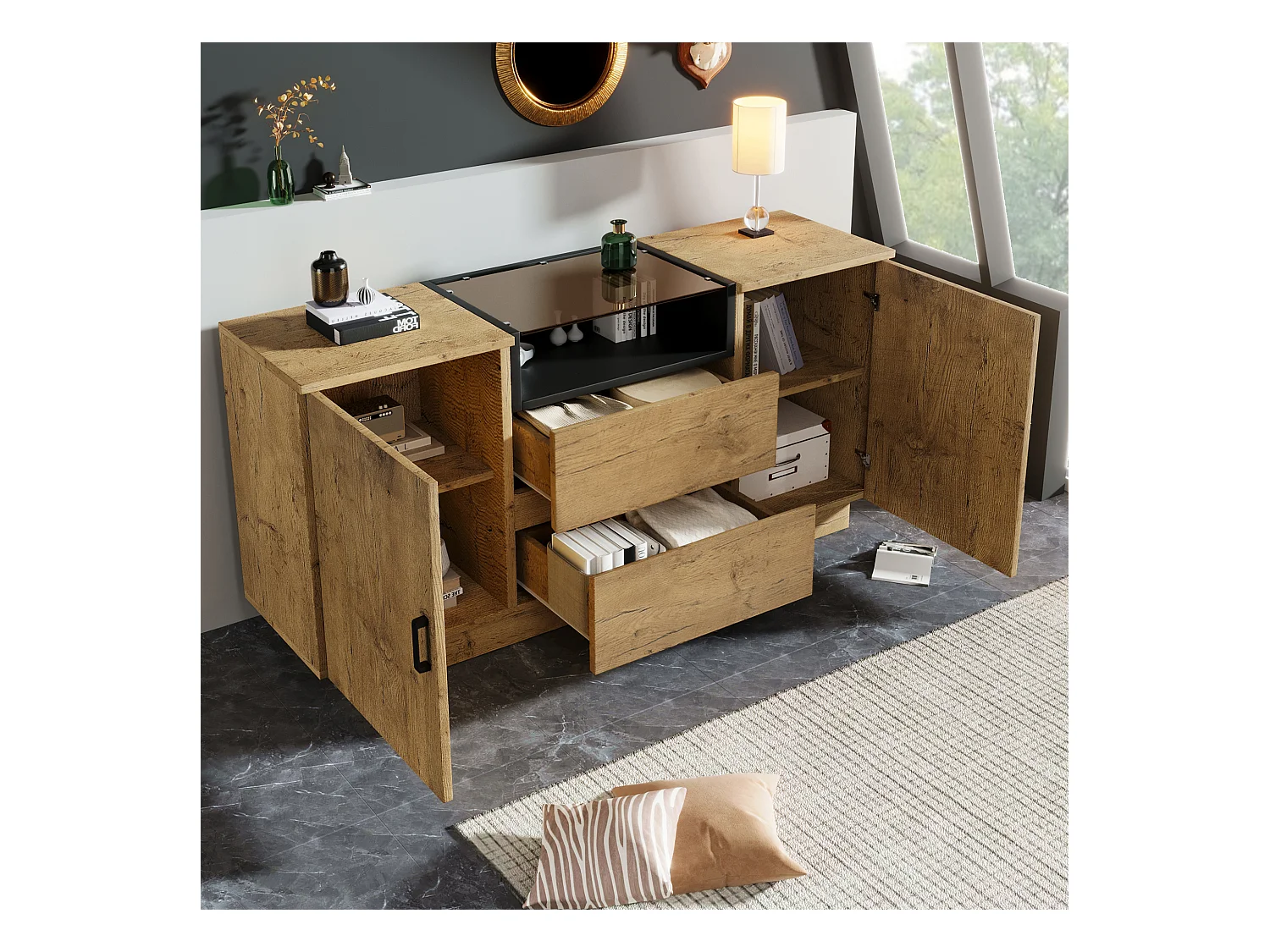 Buffet en bois avec 2 portes et 2 tiroirs, plateau en bois et verre trempé 140x40x70 cm