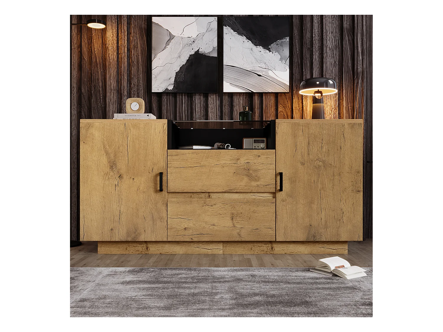 Buffet en bois avec 2 portes et 2 tiroirs, plateau en bois et verre trempé 140x40x70 cm