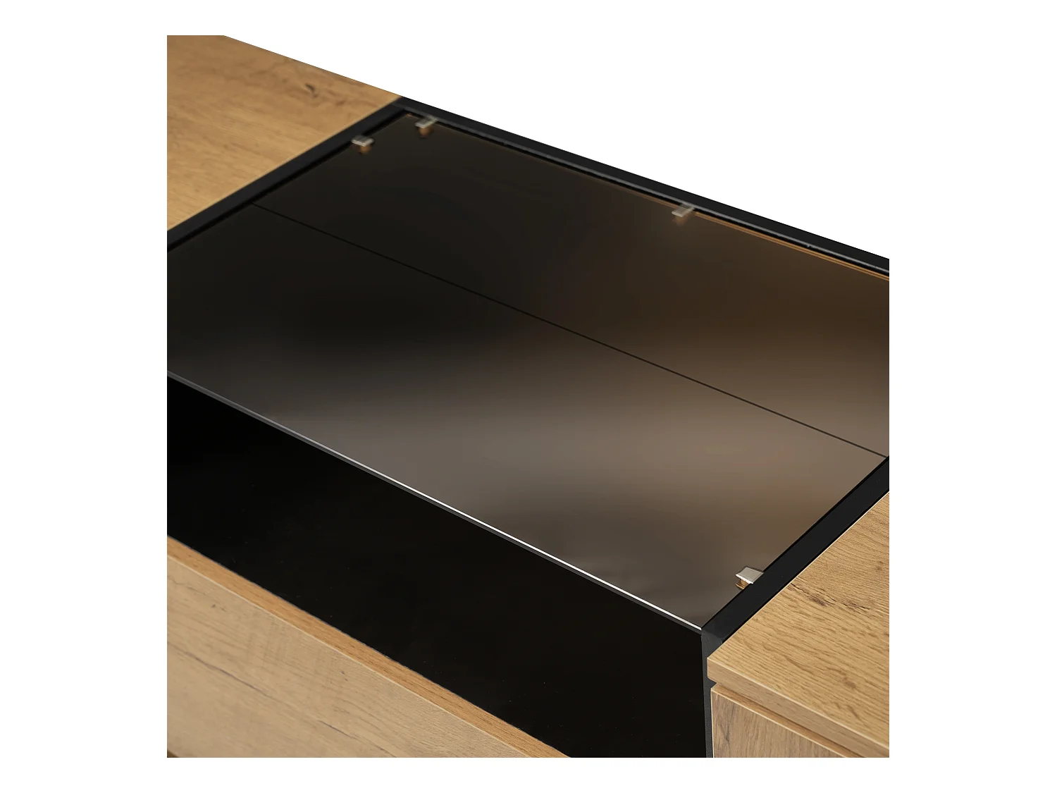 Buffet en bois avec 2 portes et 2 tiroirs, plateau en bois et verre trempé 140x40x70 cm