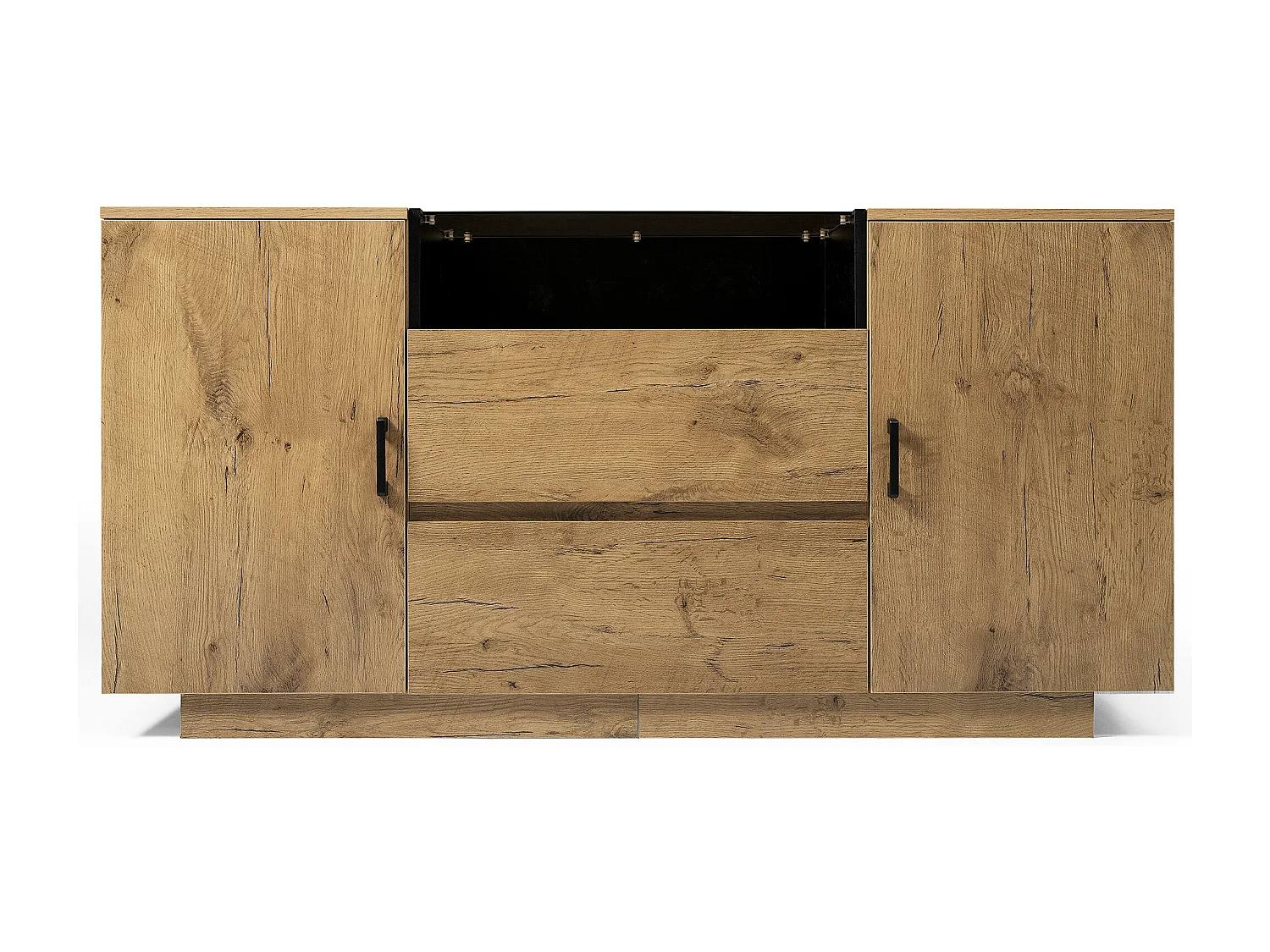 Houten dressoir met 2 deuren en 2 laden, houten blad en gehard glas 140x40x70 cm