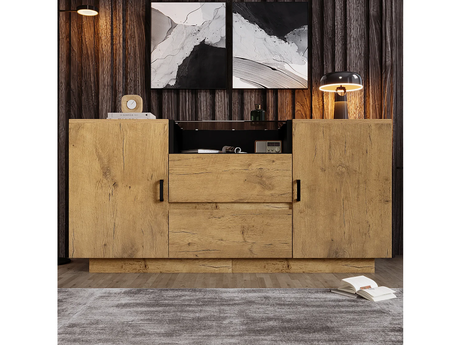 Houten dressoir met 2 deuren en 2 laden, houten blad en gehard glas 140x40x70 cm