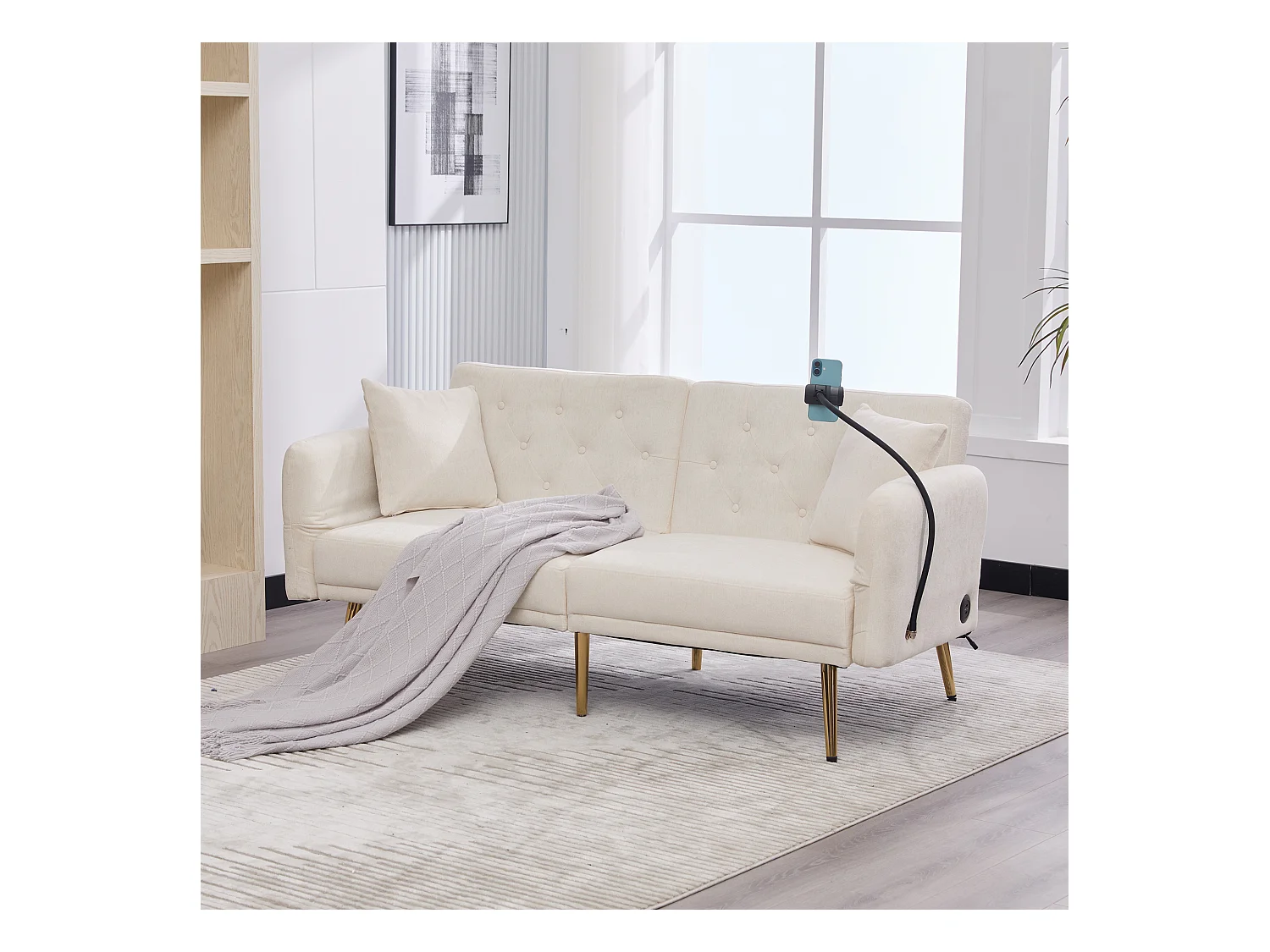 Divano letto trasformabile beige a 2 posti con 2 porte USB, porta telefono e tasche laterali 173x78X78cm