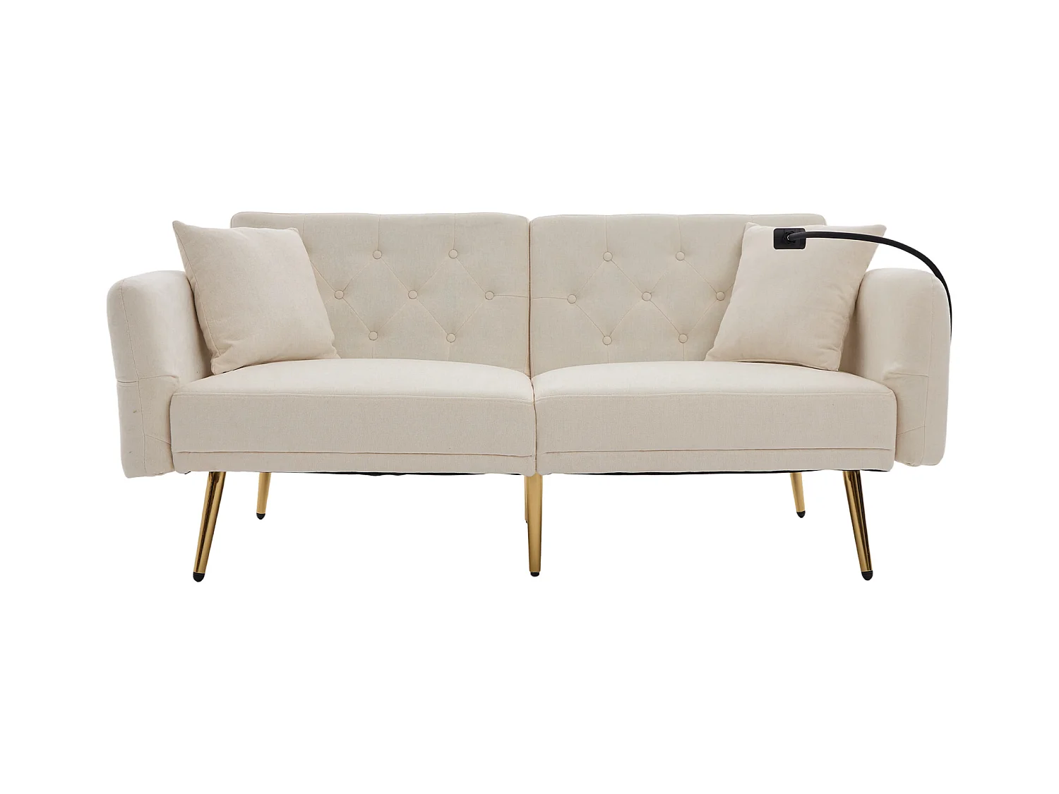 Divano letto trasformabile beige a 2 posti con 2 porte USB, porta telefono e tasche laterali 173x78X78cm