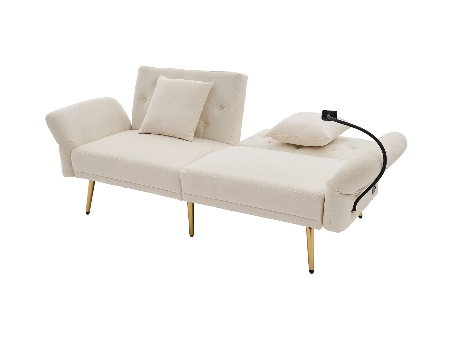 Divano letto trasformabile beige a 2 posti con 2 porte USB, porta telefono e tasche laterali 173x78X78cm