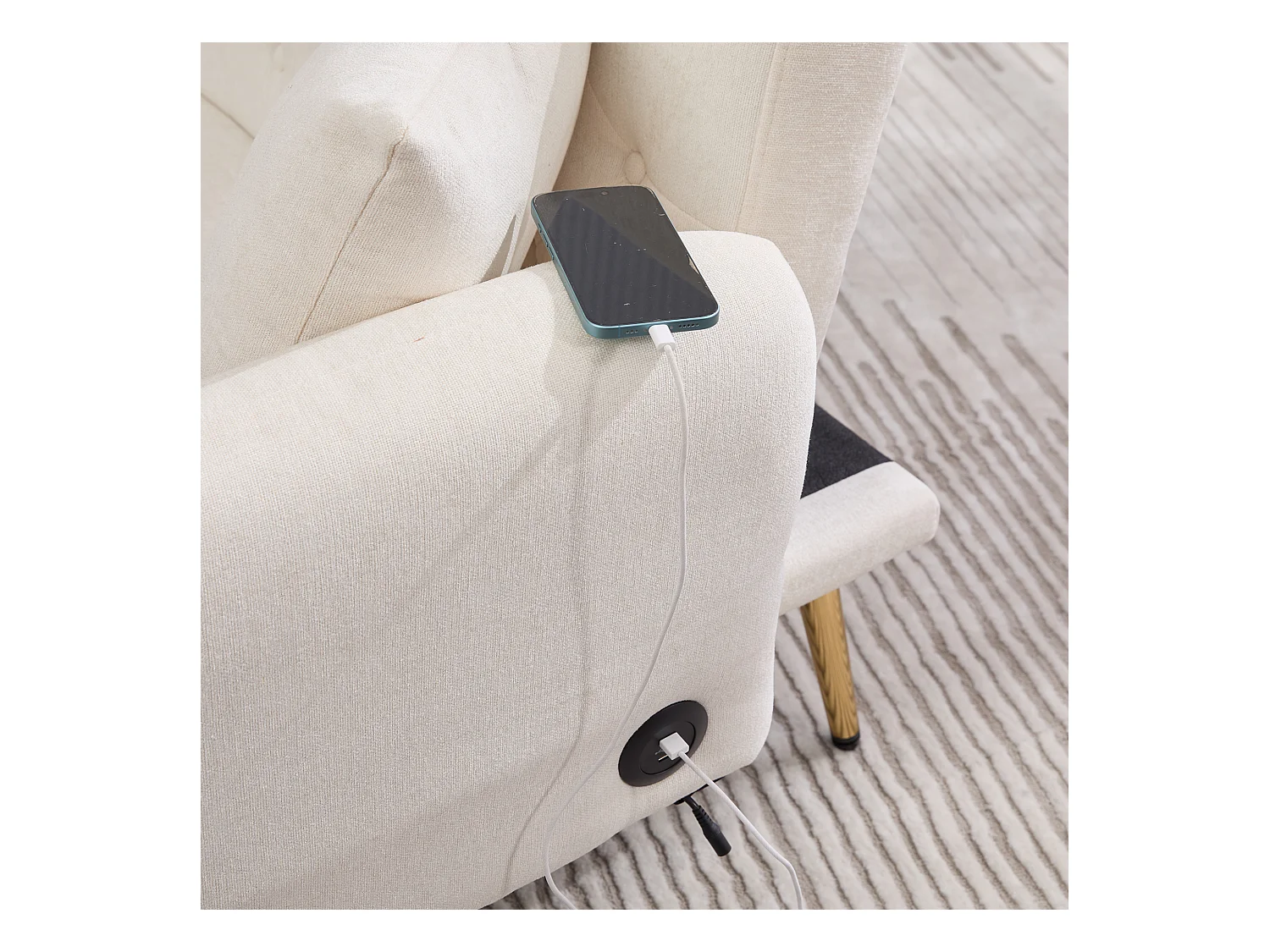 Divano letto trasformabile beige a 2 posti con 2 porte USB, porta telefono e tasche laterali 173x78X78cm