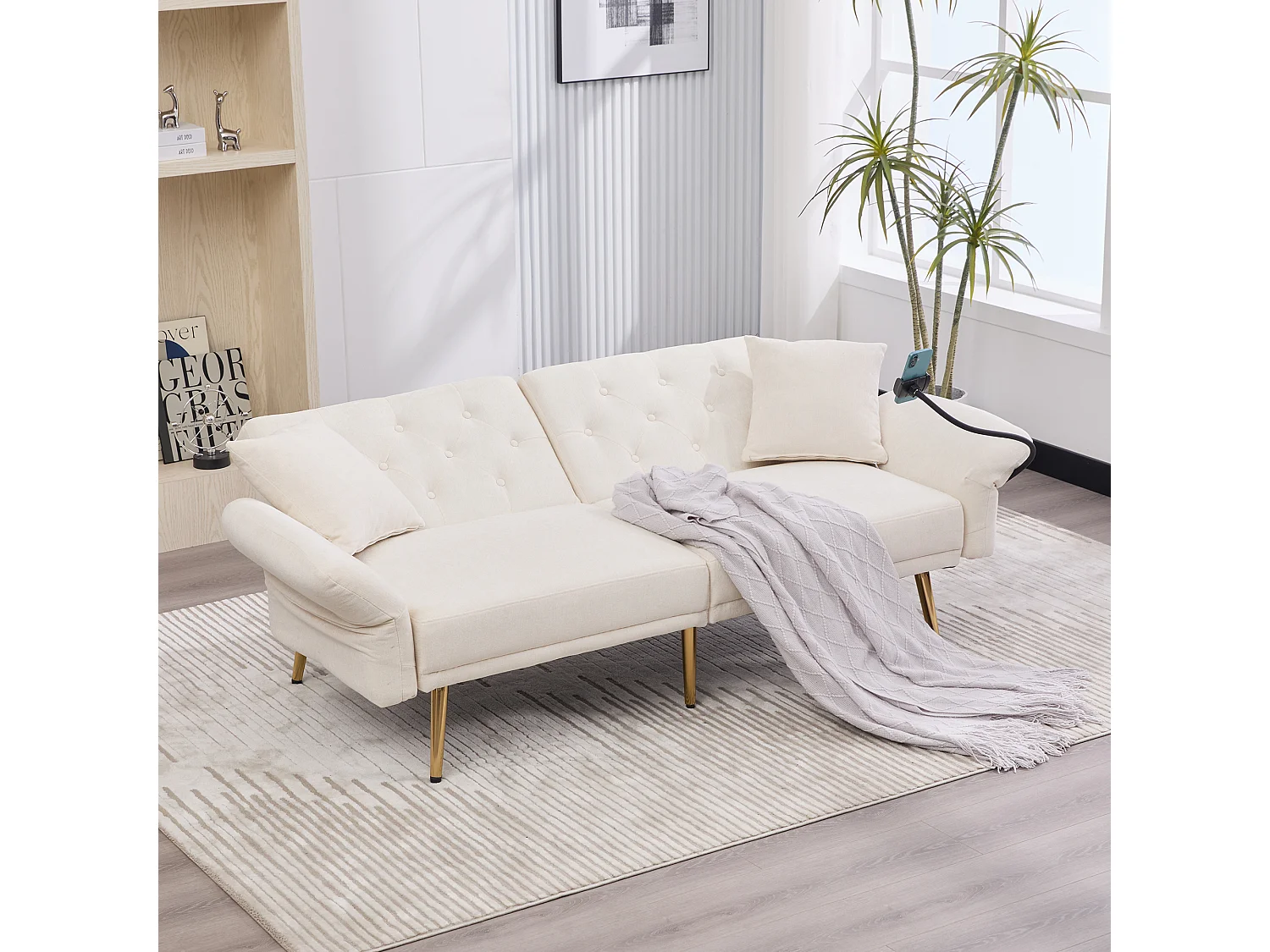 Beige 2-zits slaapbank met 2 USB-poorten, telefoonhouder en zijvakken 173x78X78cm