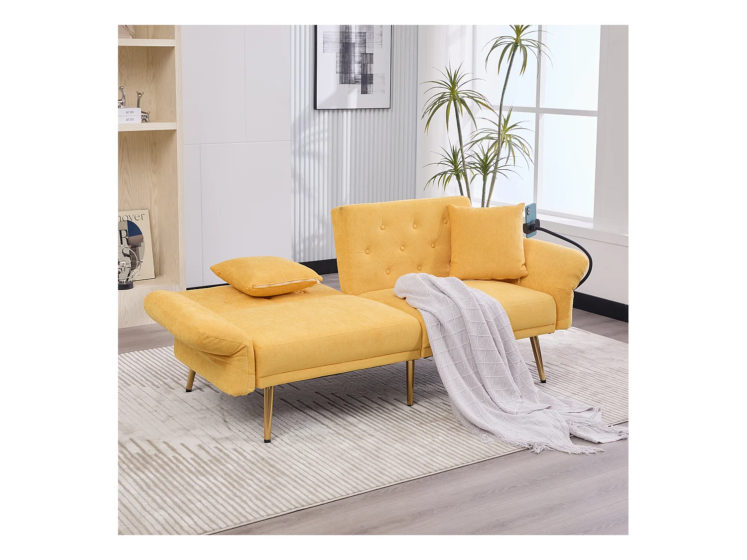 Divano trasformabile giallo a 2 posti con 2 porte USB, porta telefono e tasche laterali 173x78X78cm