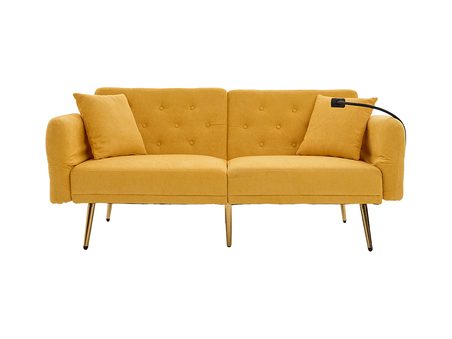 Divano trasformabile giallo a 2 posti con 2 porte USB, porta telefono e tasche laterali 173x78X78cm