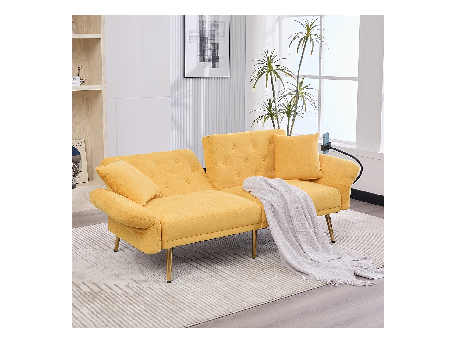 Divano trasformabile giallo a 2 posti con 2 porte USB, porta telefono e tasche laterali 173x78X78cm