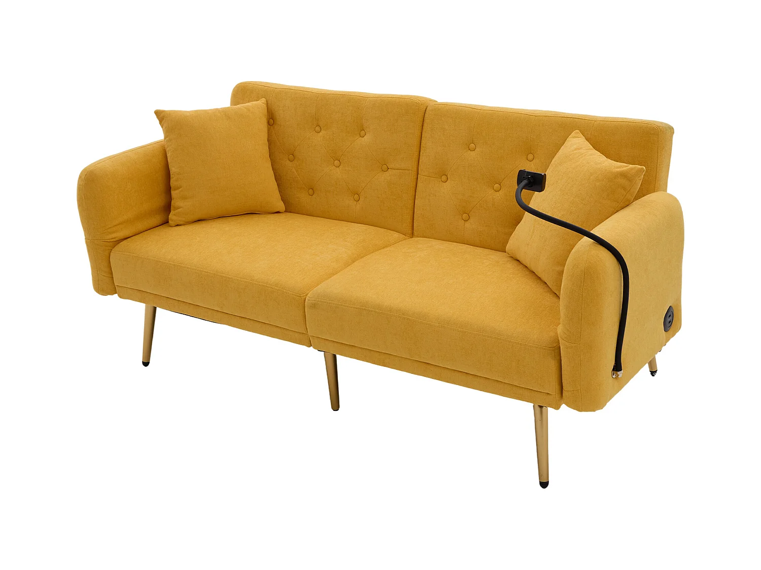 Divano trasformabile giallo a 2 posti con 2 porte USB, porta telefono e tasche laterali 173x78X78cm