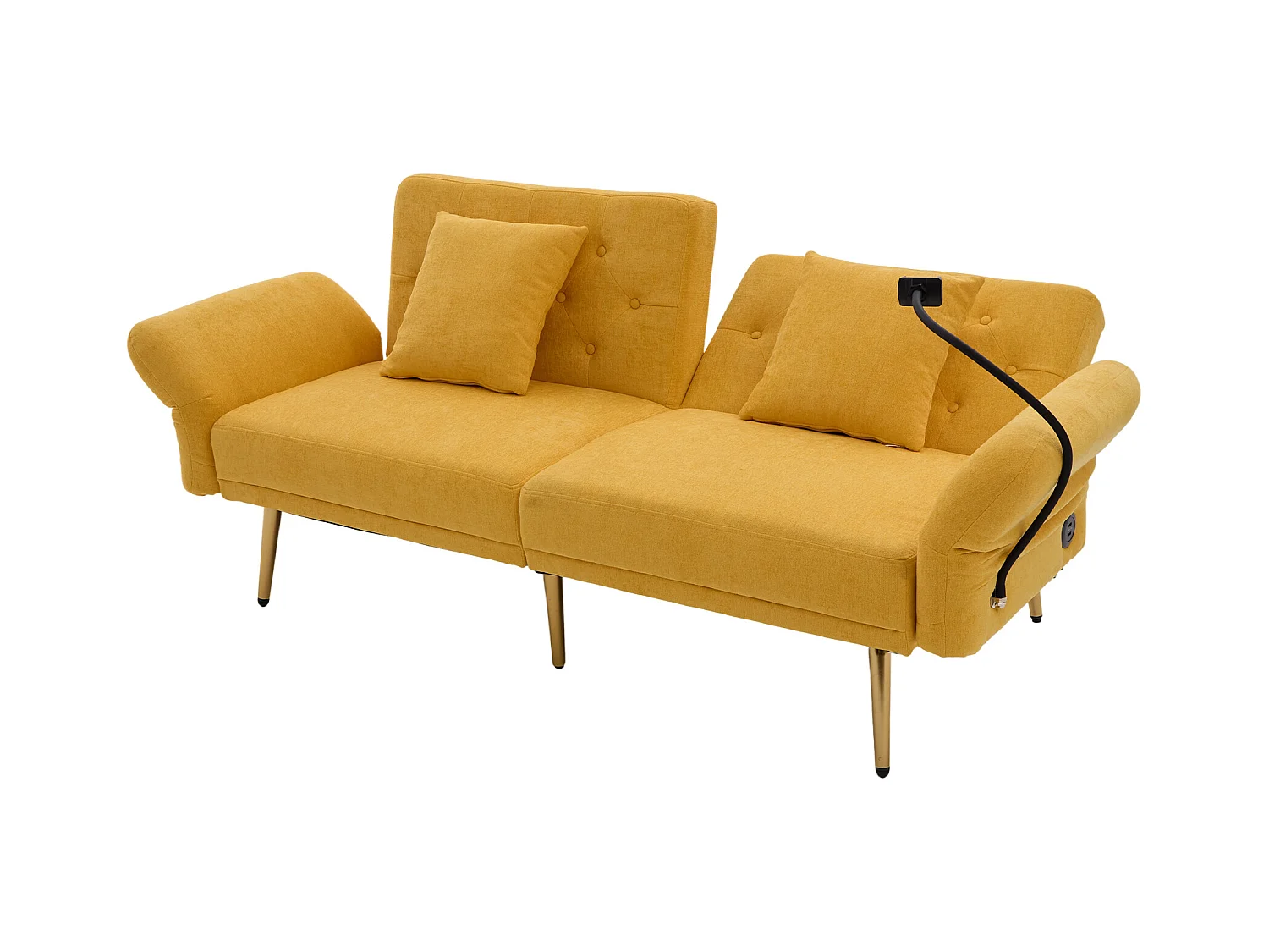 Divano trasformabile giallo a 2 posti con 2 porte USB, porta telefono e tasche laterali 173x78X78cm