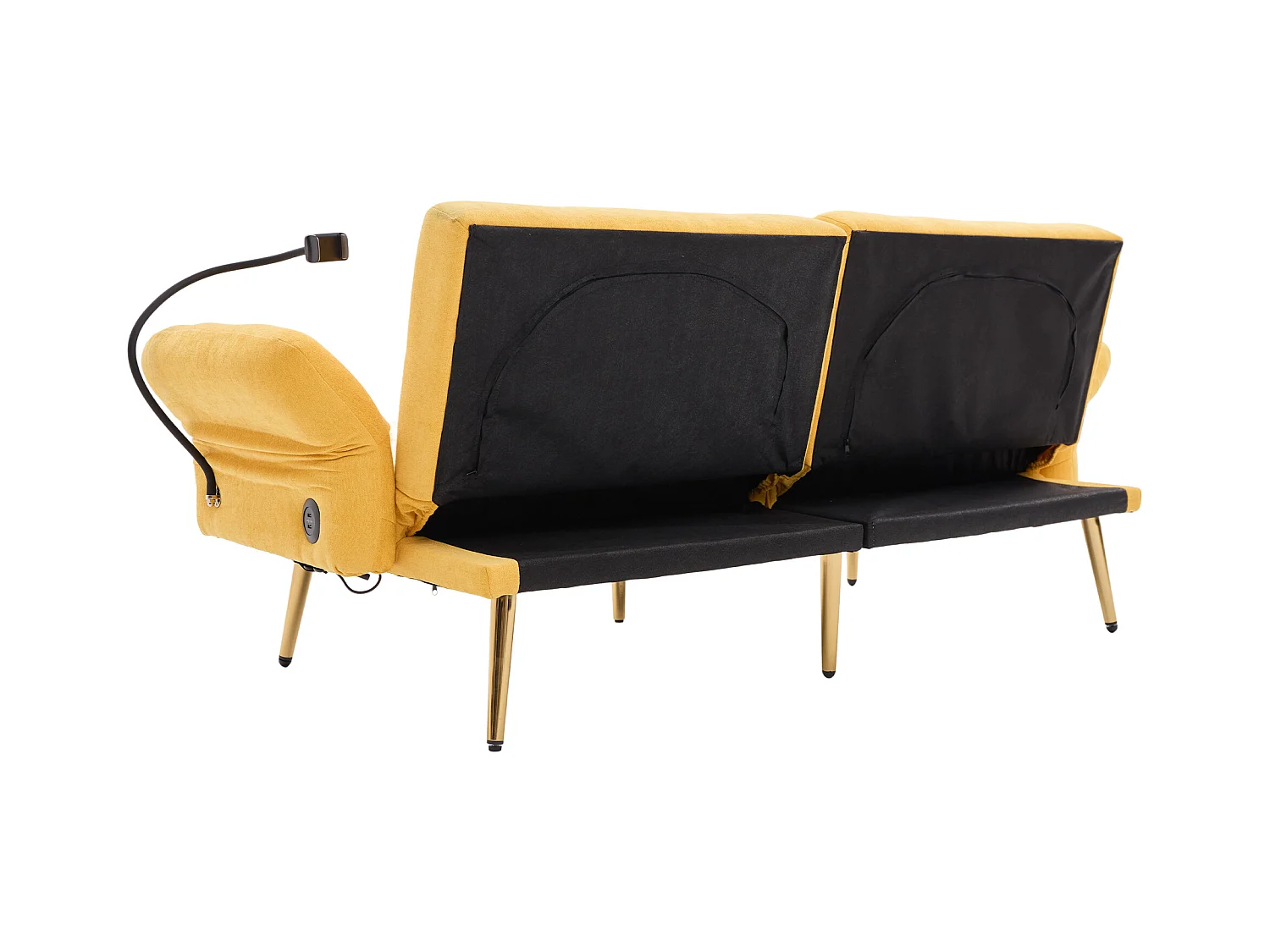 Divano trasformabile giallo a 2 posti con 2 porte USB, porta telefono e tasche laterali 173x78X78cm