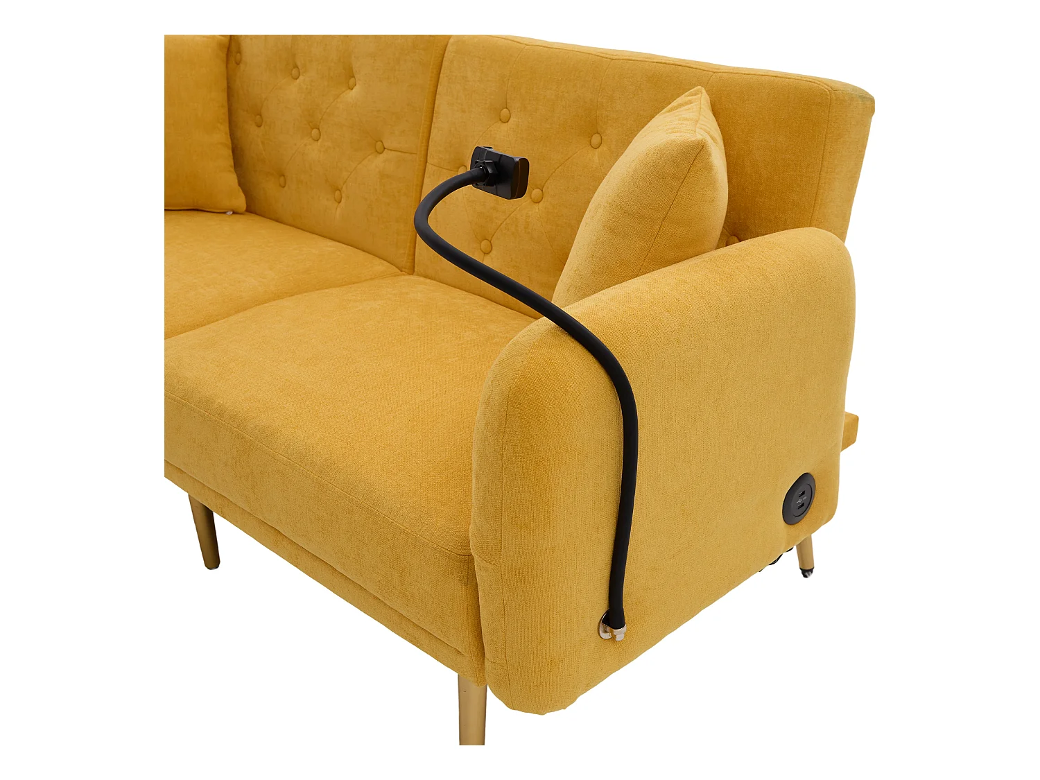 Divano trasformabile giallo a 2 posti con 2 porte USB, porta telefono e tasche laterali 173x78X78cm