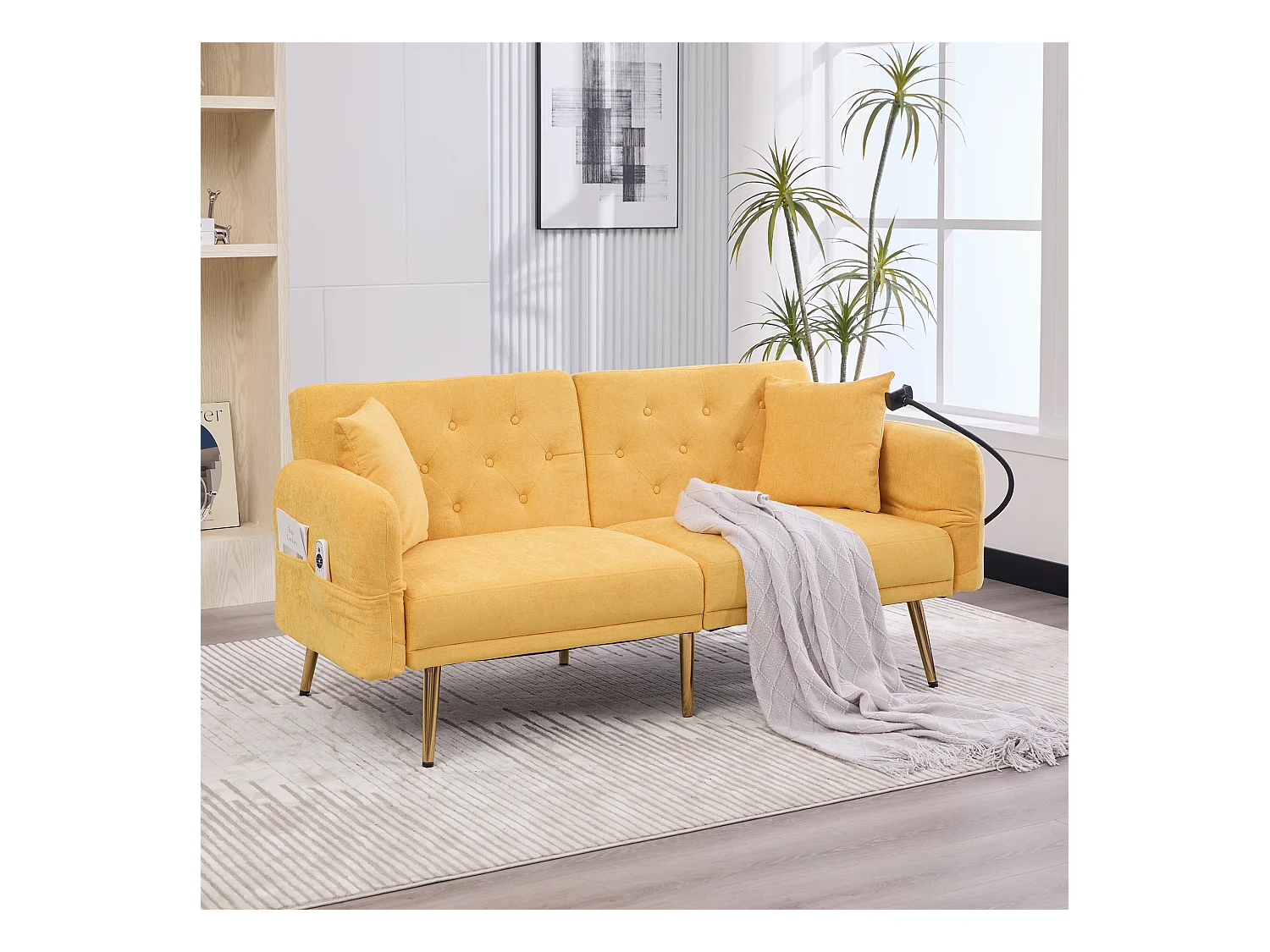 Canapé droit 2 places convertible jaune avec 2 ports USB, support de téléphone et poches latérales 173x78X78cm