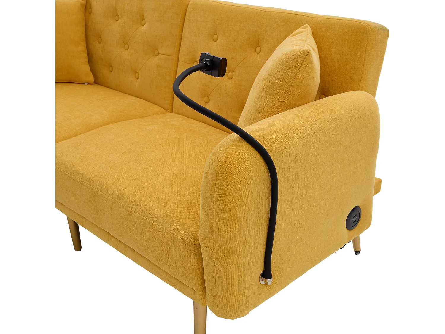 Sofá convertible amarillo de 2 plazas con 2 puertos USB, soporte para teléfono y bolsillos laterales 173x78X78cm