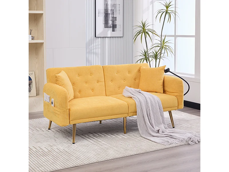 Canapé droit 2 places convertible jaune avec 2 ports USB, support de téléphone et poches latérales 173x78X78cm