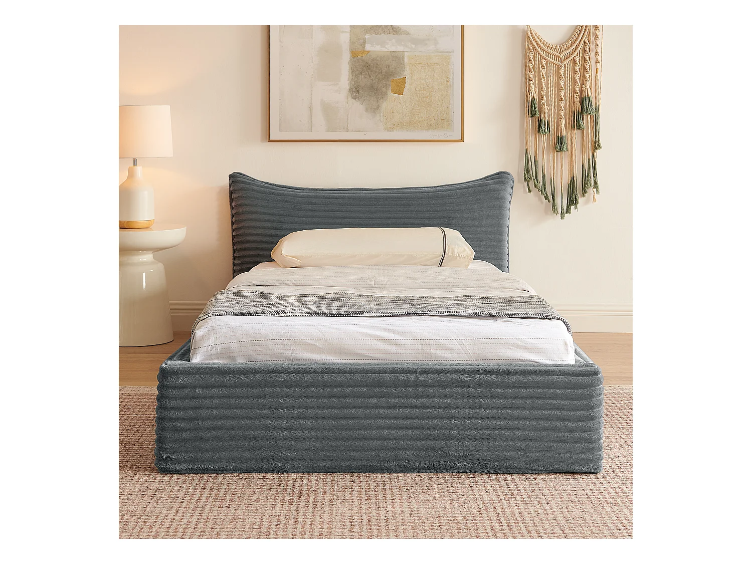 Cama infantil de chenilla gris oscuro de 90x200 cm, estructura de metal, somier de láminas, sin colchón