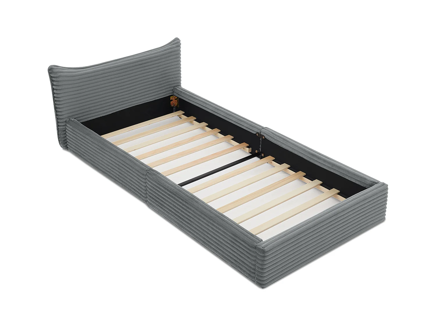 Cama infantil de chenilla gris oscuro de 90x200 cm, estructura de metal, somier de láminas, sin colchón