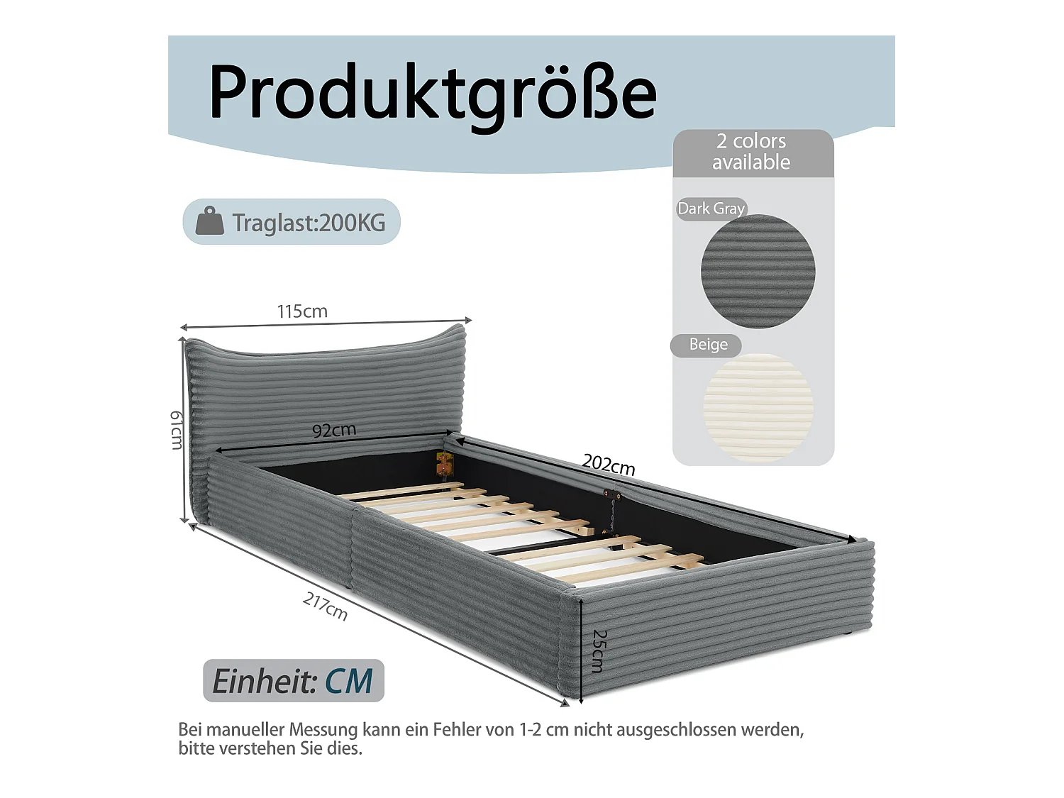 Cama infantil de chenilla gris oscuro de 90x200 cm, estructura de metal, somier de láminas, sin colchón