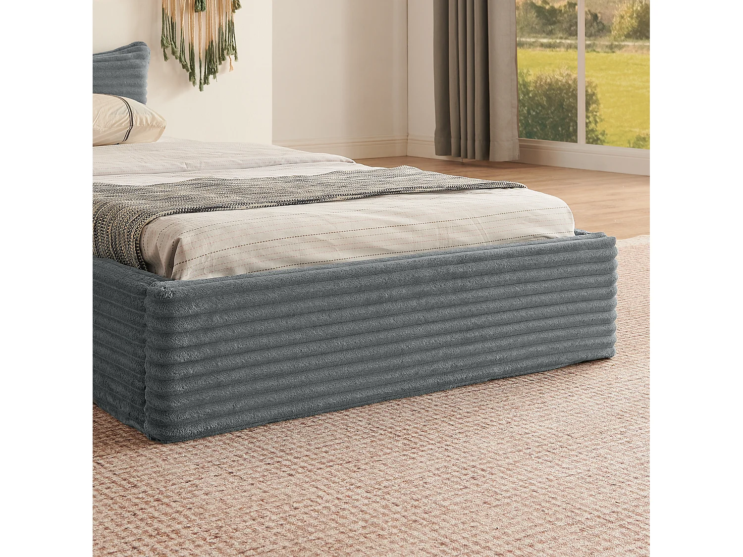 Cama infantil de chenilla gris oscuro de 90x200 cm, estructura de metal, somier de láminas, sin colchón