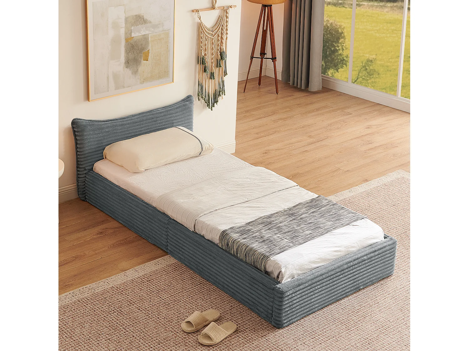 Lit enfant chenille gris foncé 90x200cm, structure métal ,sommier à lattes, sans matelas