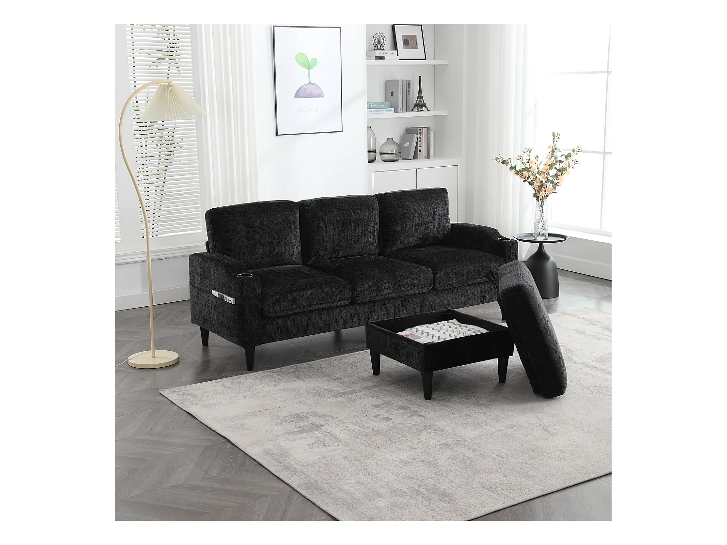 Divano dritto nero a 4 posti con poggiapiedi contenitore, tasche laterali e portabicchieri 196,5 x 75 x 77 cm