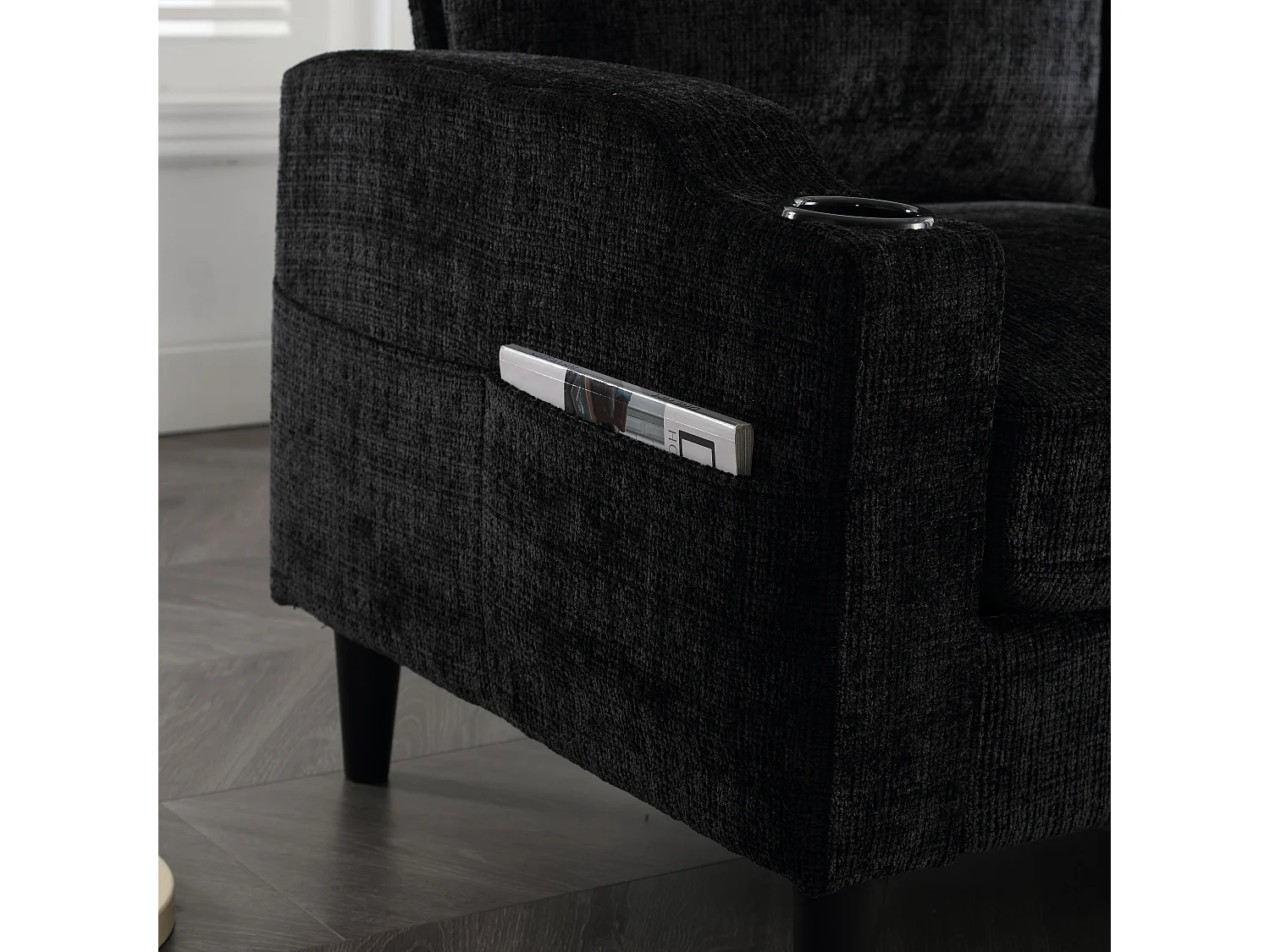 Zwarte 4-zits rechte bank met opbergruimte voetenbank, zijvakken en bekerhouder 196,5 x 75 x 77 cm